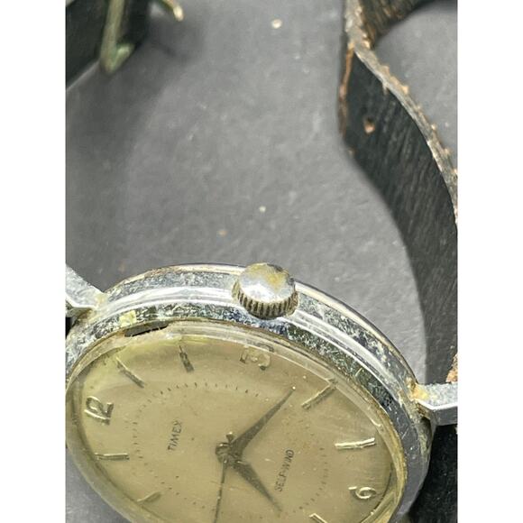 Vintage Timex Viscount Self Wind Watch White Dal Black Leather Band 36mm